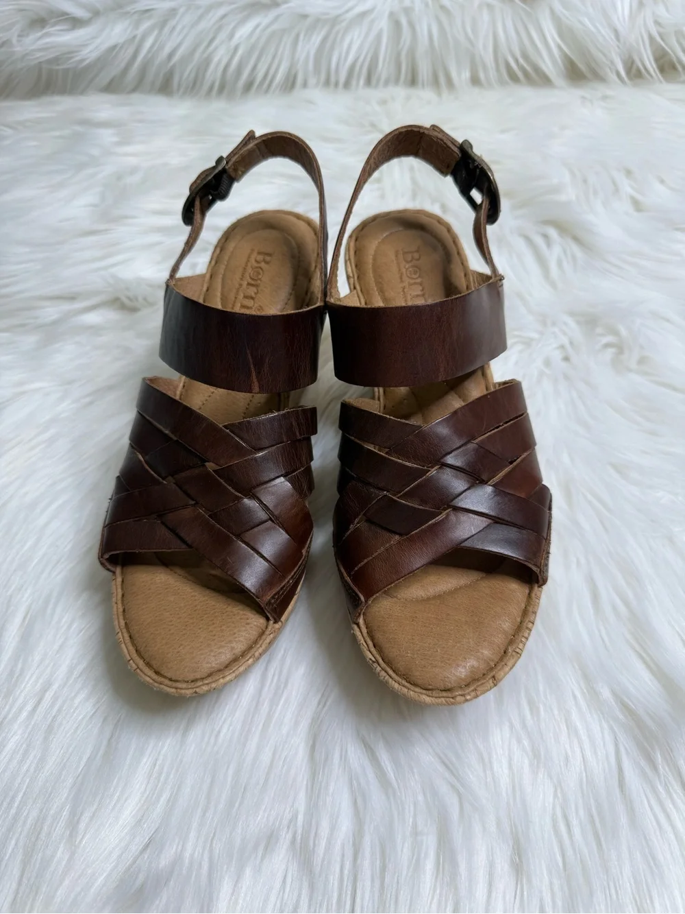 Born Surya Women Brown Leather Woven Slingback Sandals Size 7